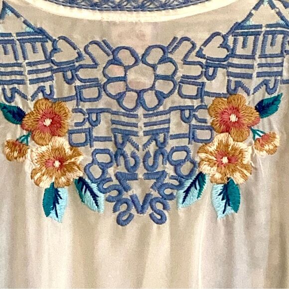 Johnny Was Utopia Kimono 100% Silk Floral Letter Embroidered Cream Blue Size XL - Picture 14 of 16
